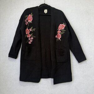 Yumi Cardigan Sweater Womens M/L Black Embroidered Rose Floral Open Pockets